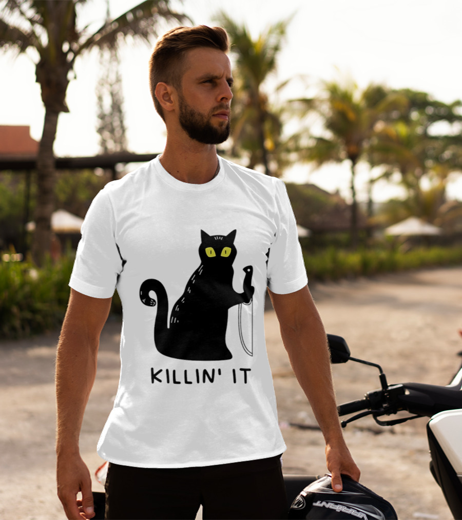 Black Cat Killin' It Halloween Knife T-Shirt
