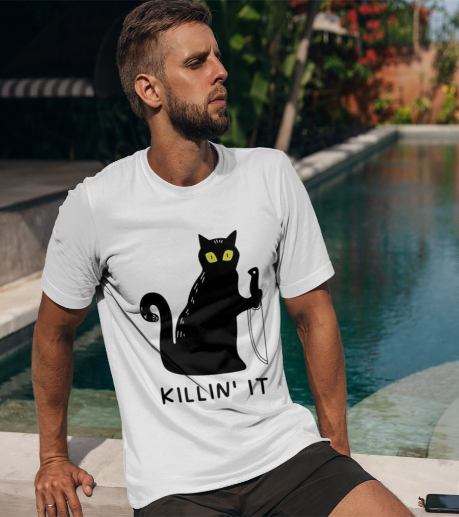 Black Cat Killin' It Halloween Knife T-Shirt