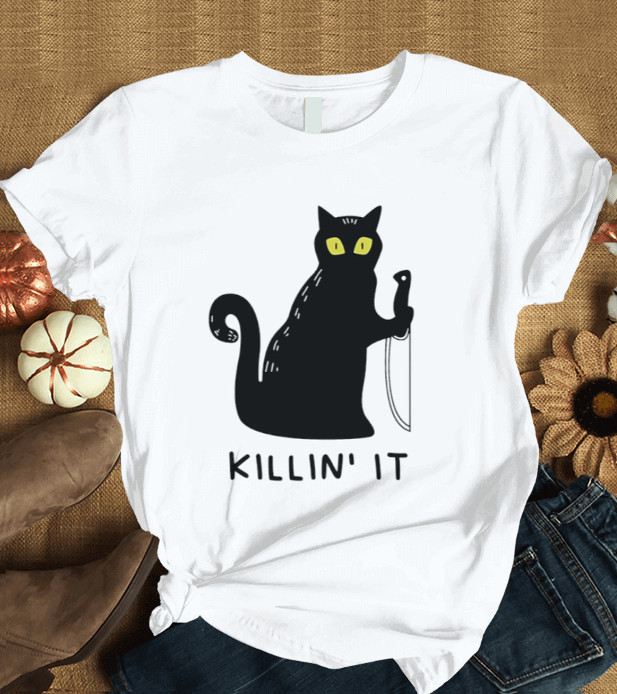 Black Cat Killin' It Halloween Knife T-Shirt