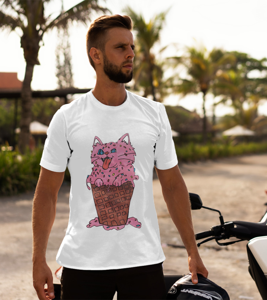 Pink Cat Ice Cream Cone Sprinkles Waffle Delight T-Shirt