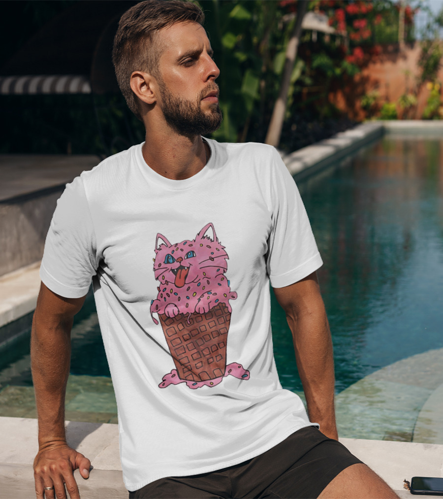 Pink Cat Ice Cream Cone Sprinkles Waffle Delight T-Shirt