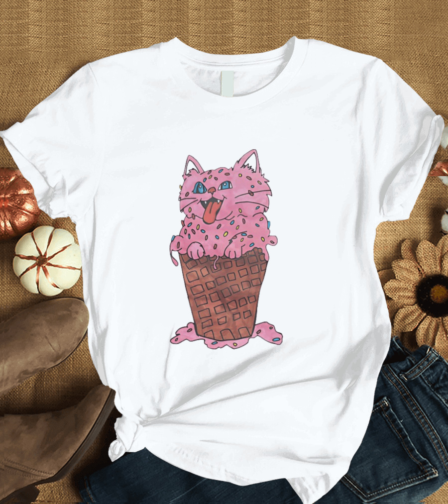 Pink Cat Ice Cream Cone Sprinkles Waffle Delight T-Shirt