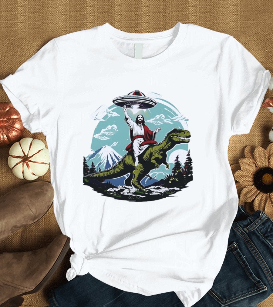 Jesus Riding Rex UFO Nature Scene With Mountains And Trees T-Shirt