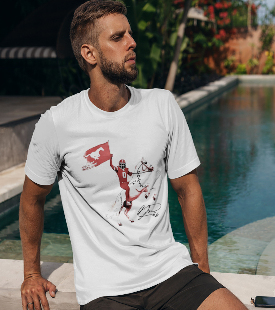 SMU Mustangs Football Player Riding Horse Holding Flag Number 0 T-Shirt