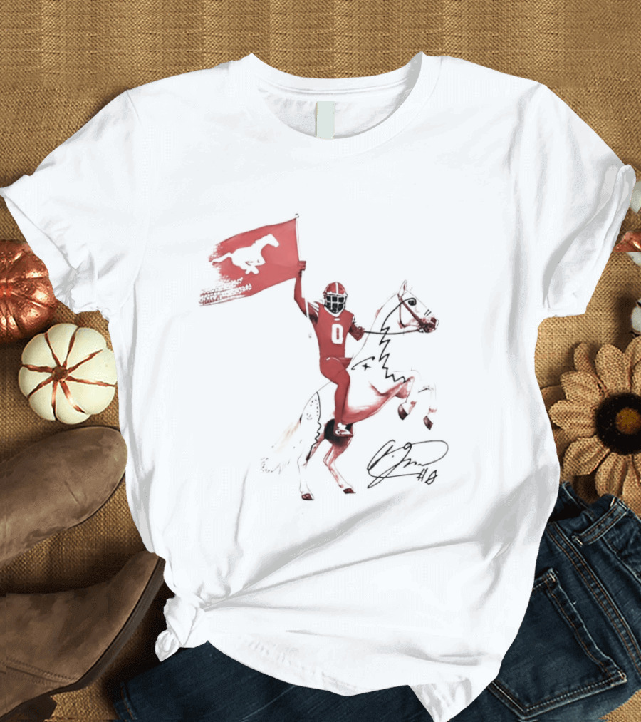 SMU Mustangs Football Player Riding Horse Holding Flag Number 0 T-Shirt