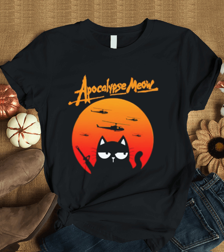 Apocalypse Meow Cat Helicopter Orange Sun T-Shirt