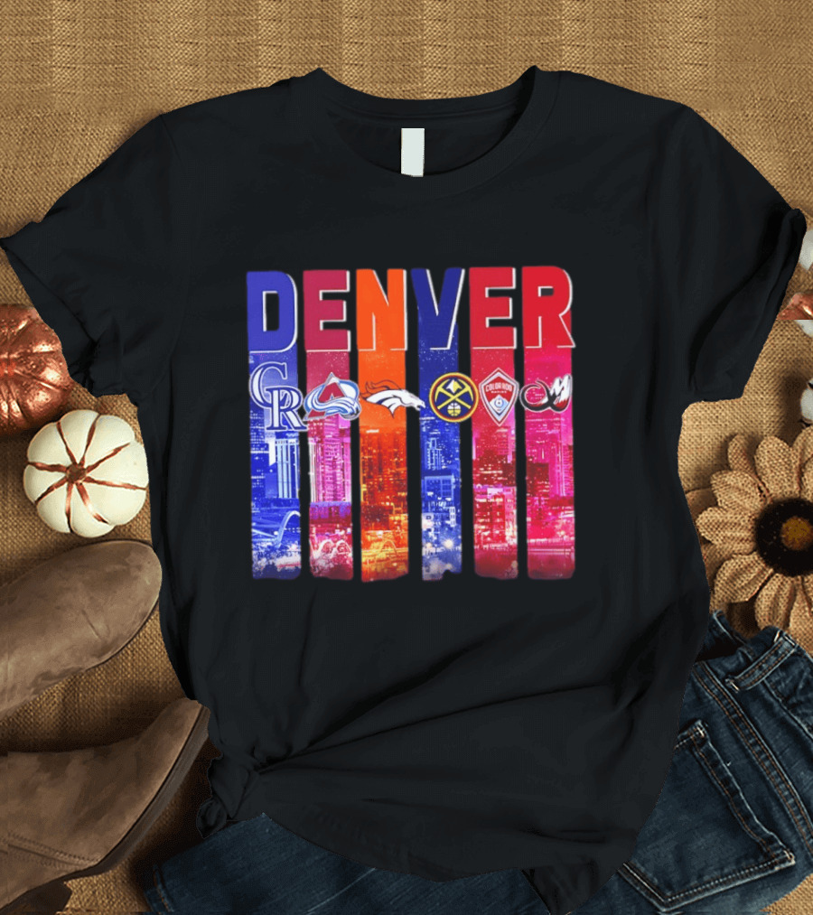 Denver City Skyline With Colorado Rockies Avalanche Broncos Nuggets Rapids Mammoth T-Shirt
