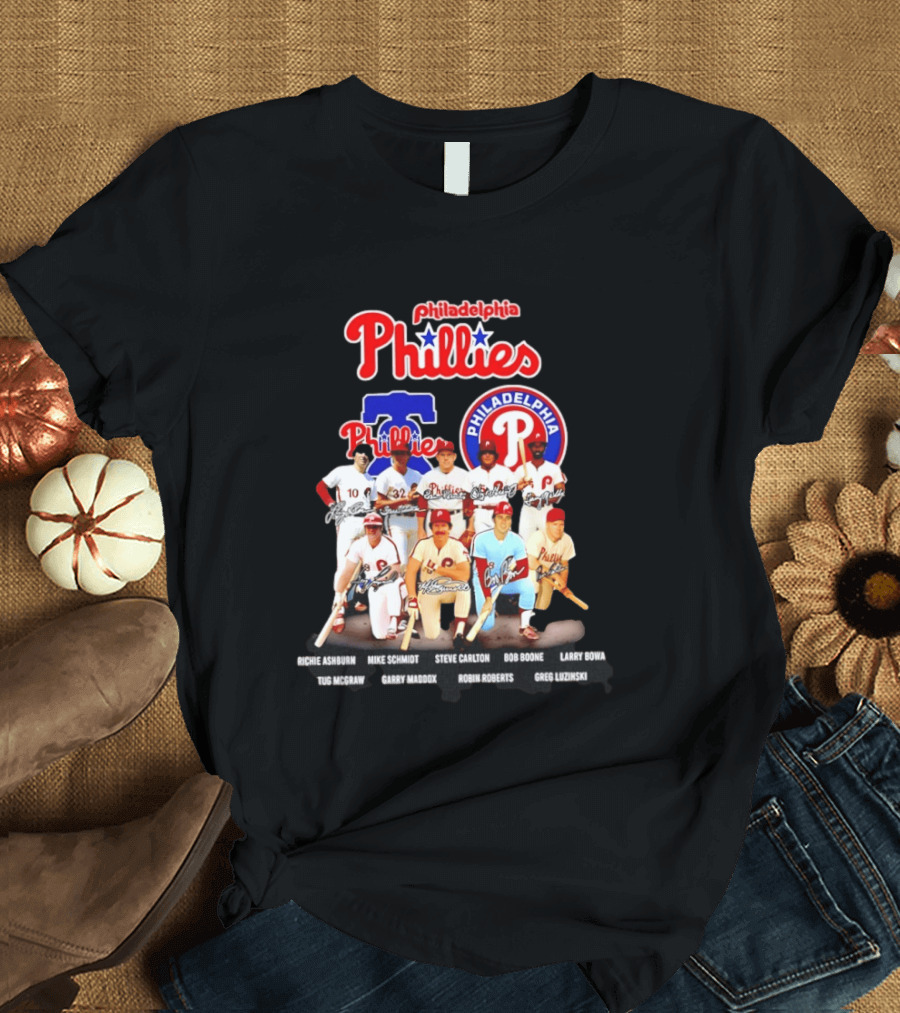 Philadelphia Phillies Legends Ashburn Schmidt Carlton Boone Bowa McGraw Maddox Roberts Luzinski Signatures Vintage Players T-Shirt