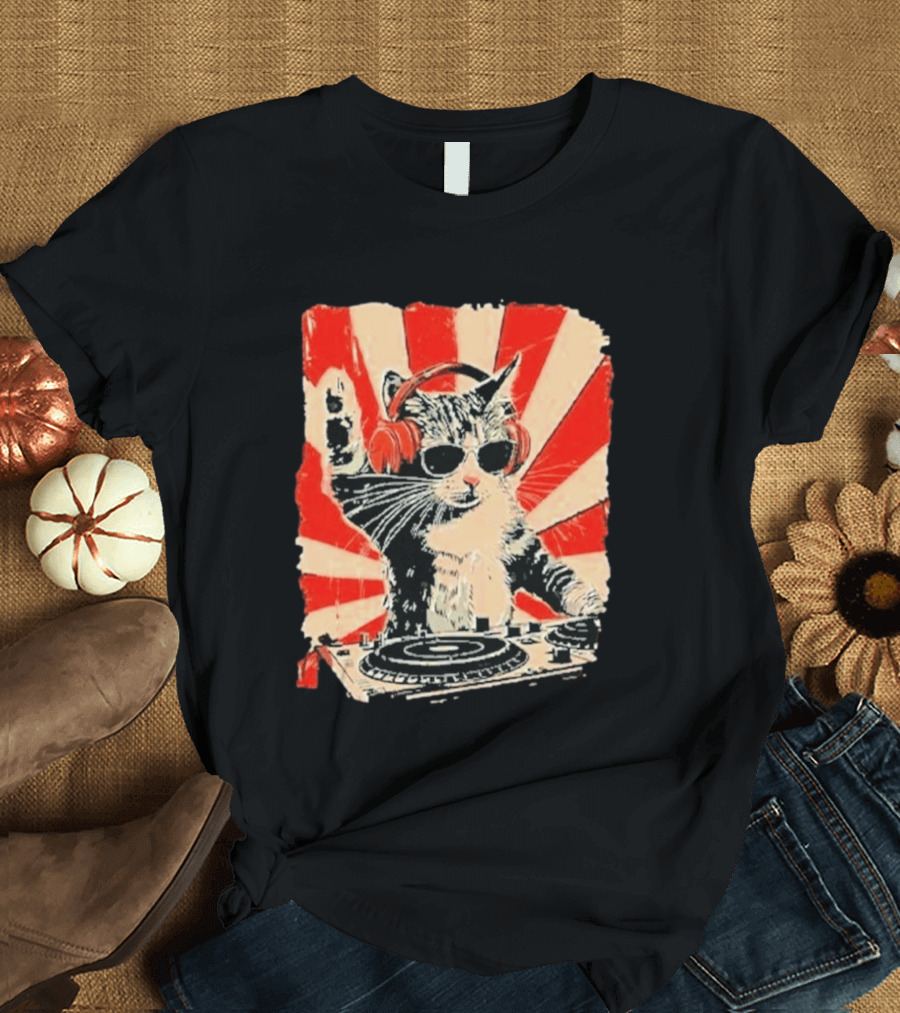 DJ Cat With Headphones Red Sunburst T-Shirt