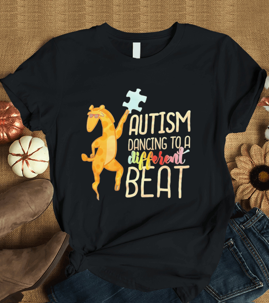 Autism Dancing To A Different Beat Giraffe Puzzle Piece And Sunglasses T-Shirt