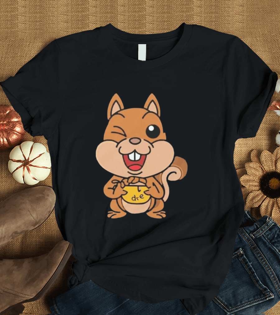 Cartoon Squirrel Holding Yellow Object With "dre" T-Shirt
