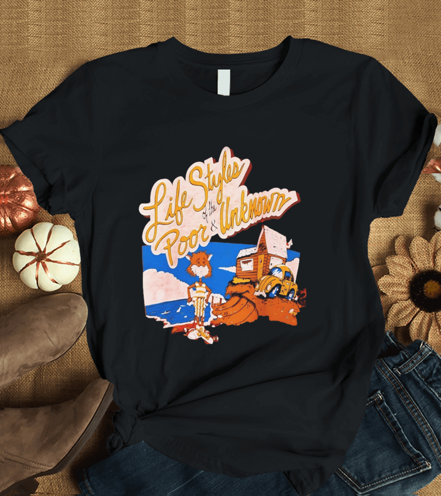 Life Styles Of The Poor And Unknown Cartoon Cat Beach Scene With House And Car T-Shirt