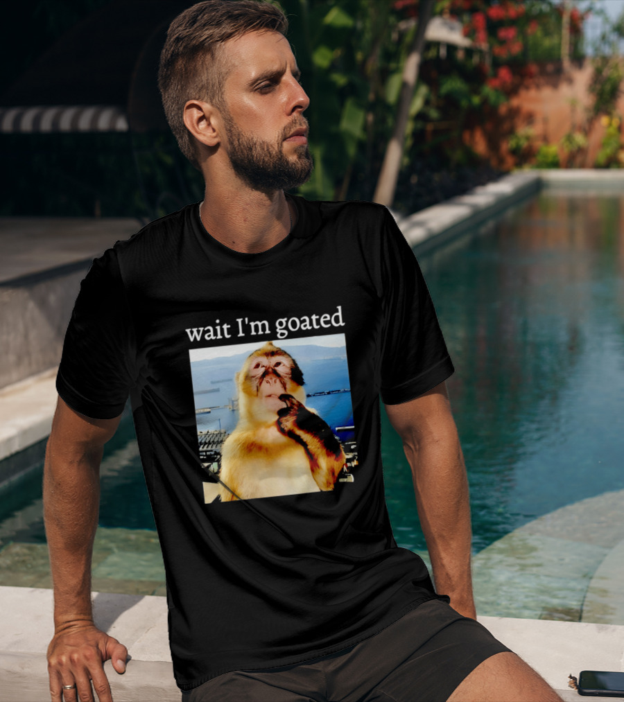 Wait I'm Goated Monkey Meme Coastal View Playful Expression T-Shirt