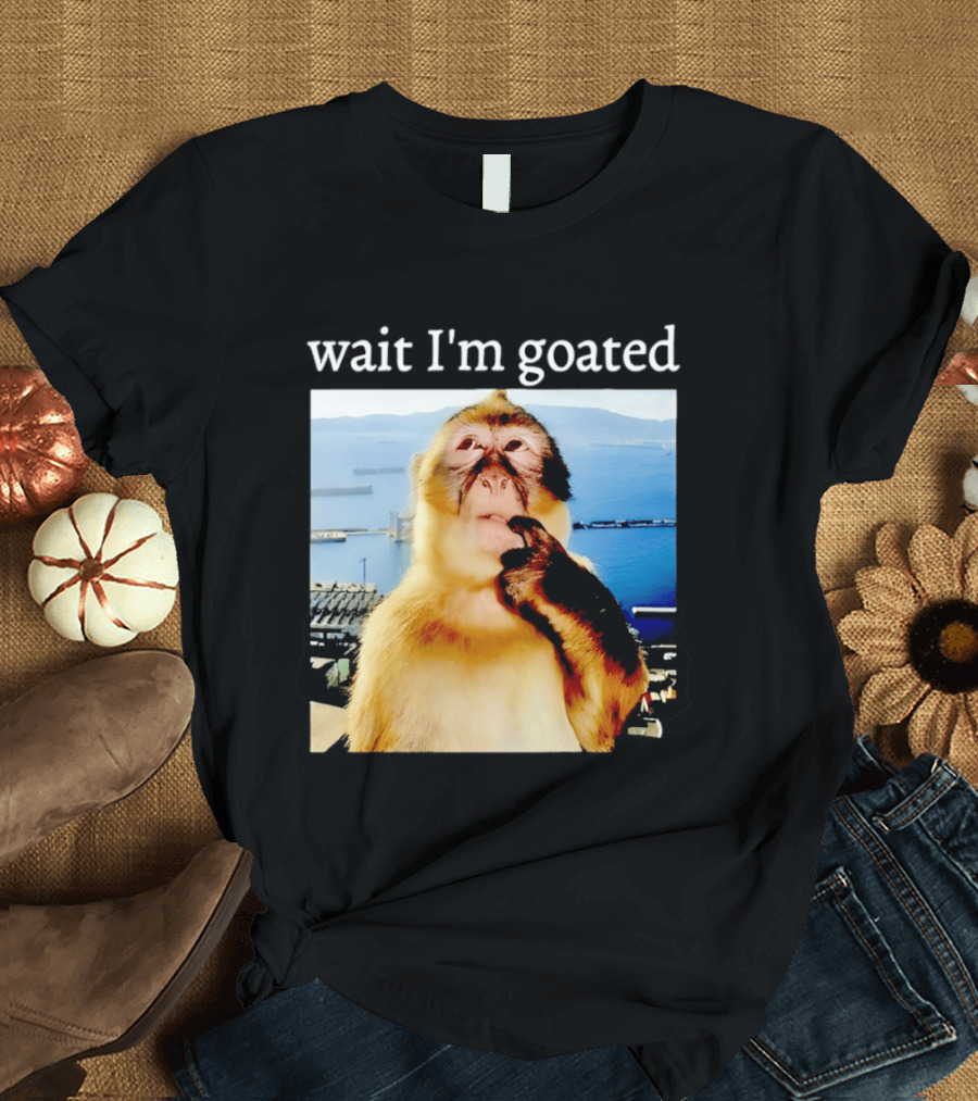 Wait I'm Goated Monkey Meme Coastal View Playful Expression T-Shirt