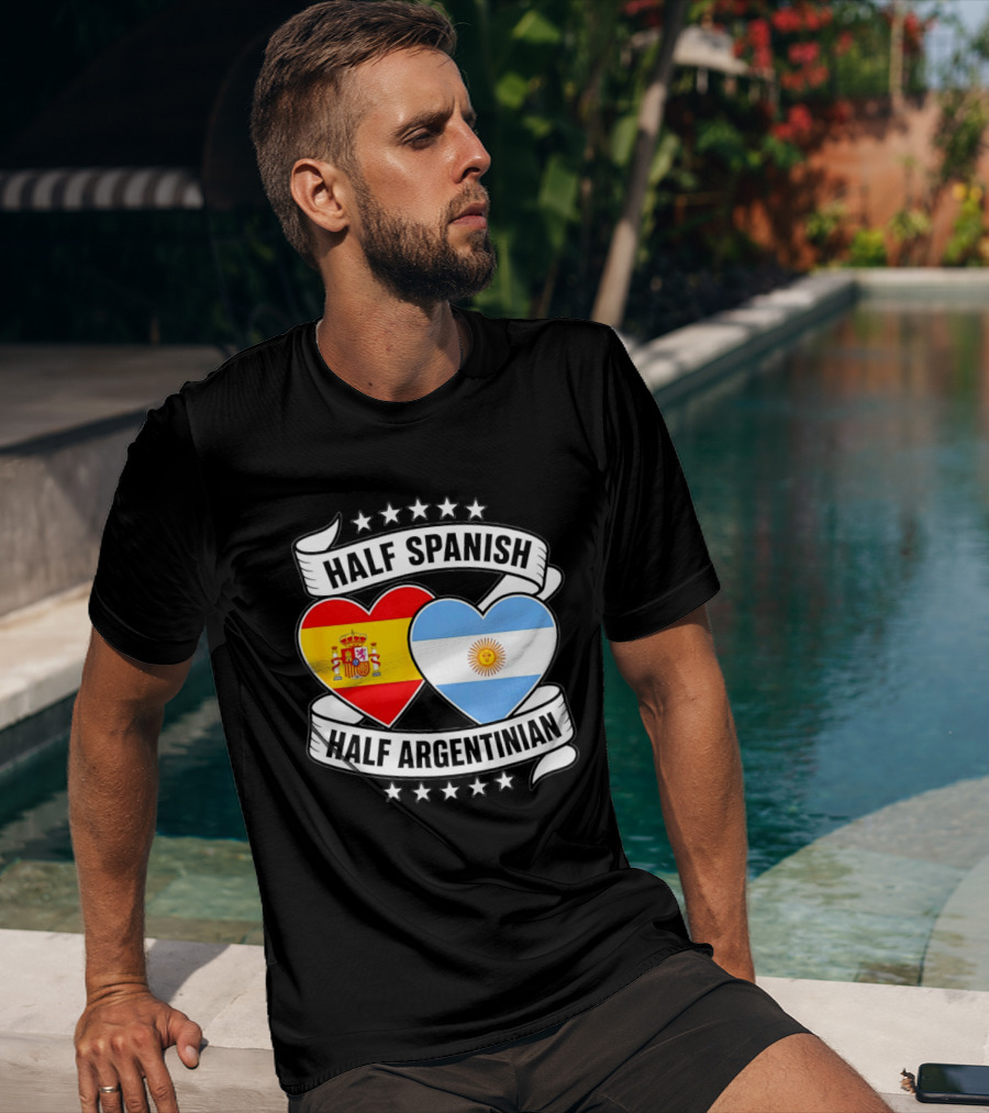Half Spanish Half Argentinian Heart Flags Banner Star T-Shirt