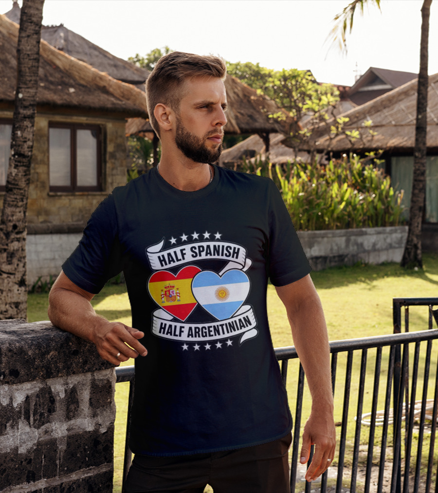 Half Spanish Half Argentinian Heart Flags Banner Star T-Shirt