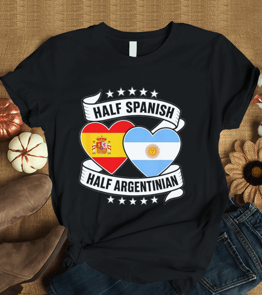 Half Spanish Half Argentinian Heart Flags Banner Star T-Shirt