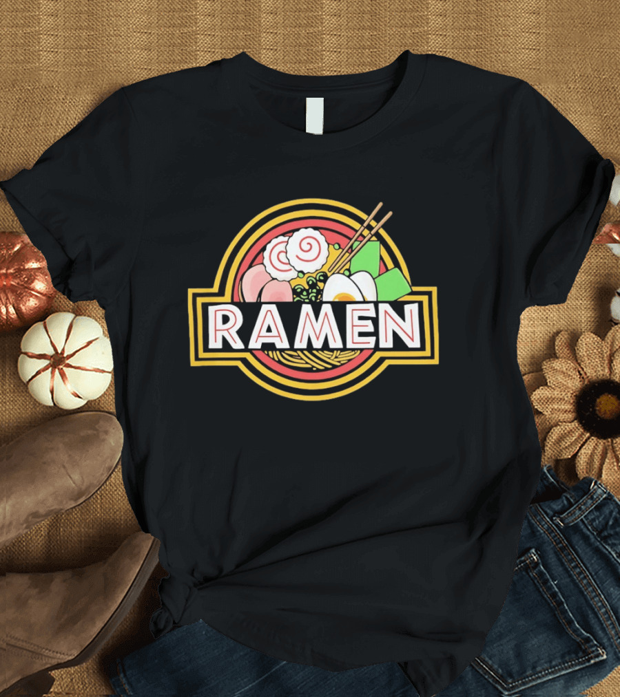 Ramen Jurassic Park Japanese Food Logo Parody With Noodles And Chopsticks T-Shirt