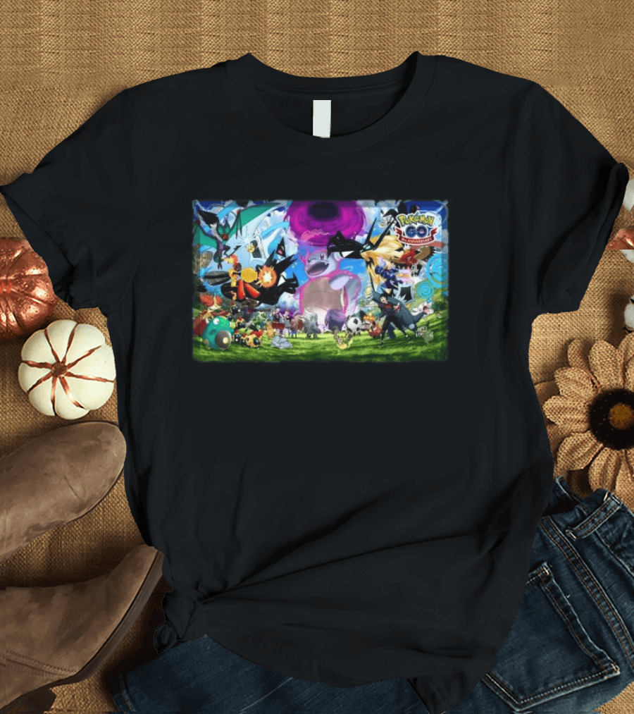 Pokémon GO 8th Anniversary Celebration Featuring Legendary And Mythical Creatures Battle Scene T-Shirt