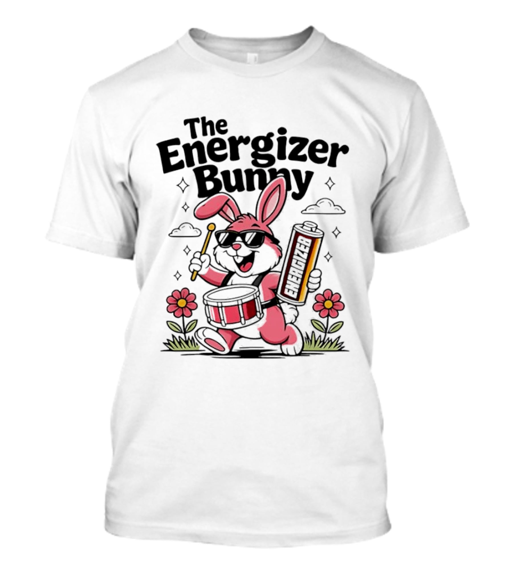 The Energizer Bunny Playing Drum Cartoon Pink Rabbit Sunglasses Drumming With Battery And Flowers T-Shirt