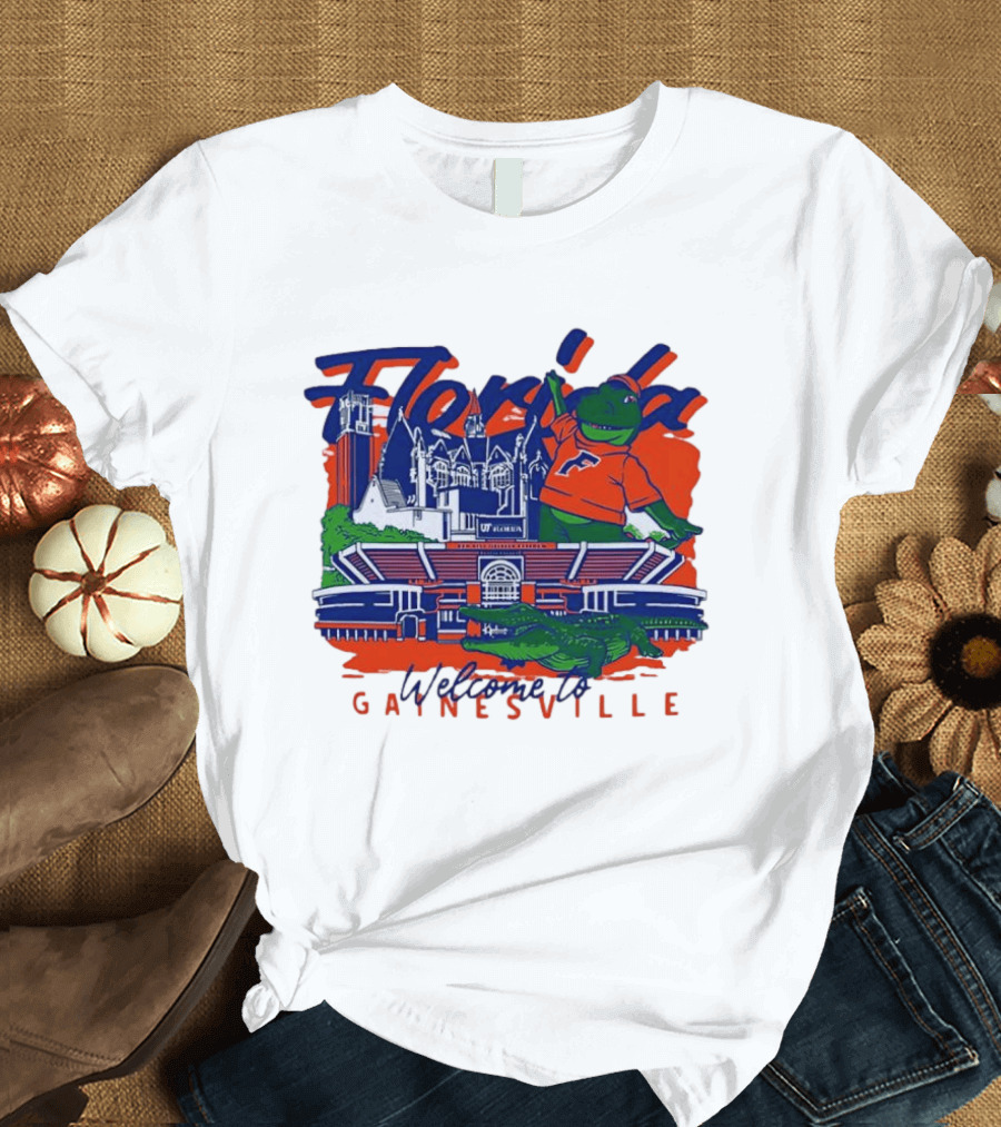Florida Gators Welcome To Gainesville Stadium And Mascot Collage T-Shirt