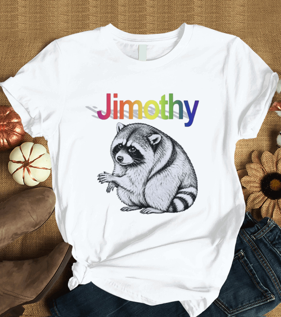 Jimothy Raccoon Rainbow Text With Illustrated Animal T-Shirt