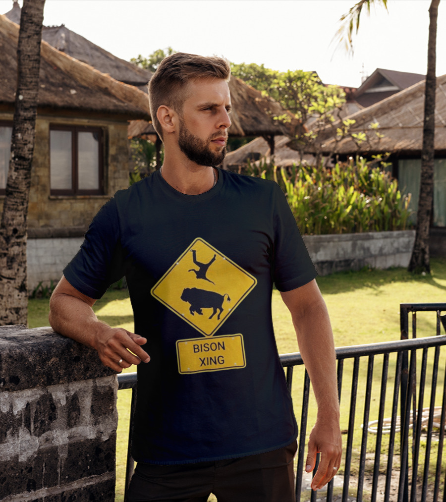Bison Xing Road Sign With Pedestrian Warning T-Shirt