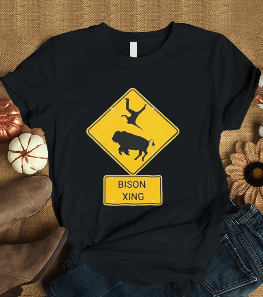 Bison Xing Road Sign With Pedestrian Warning T-Shirt