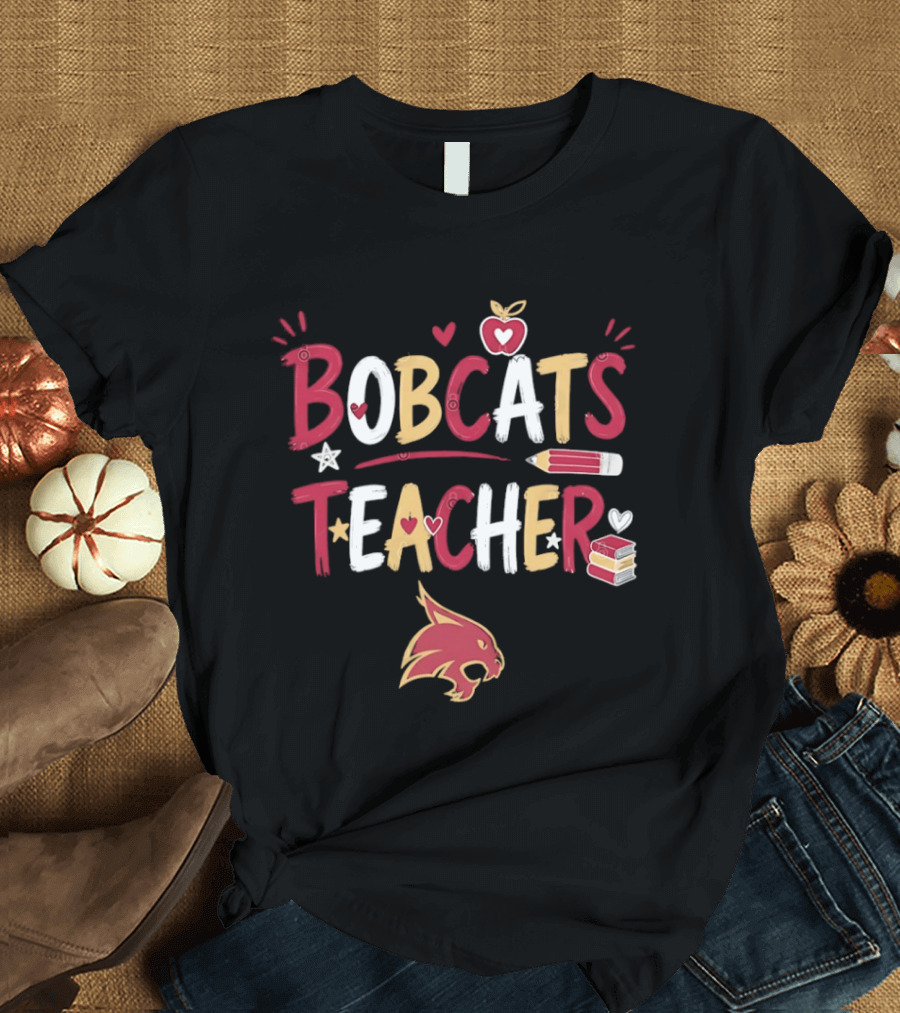 Bobcats Teacher School Spirit Heart Pencil Books Stars T-Shirt