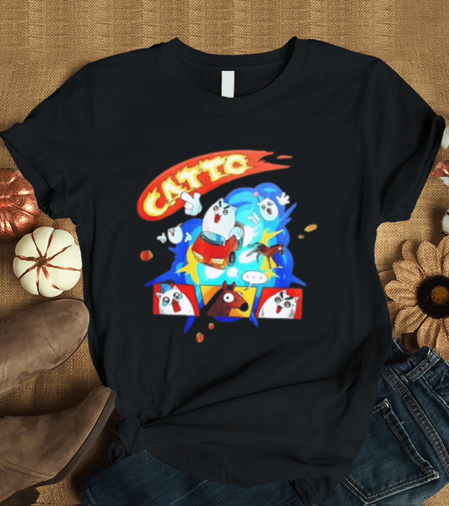 Catto Cartoon Cat Driving A Car With Funny Expressions And Comic Style Panels T-Shirt