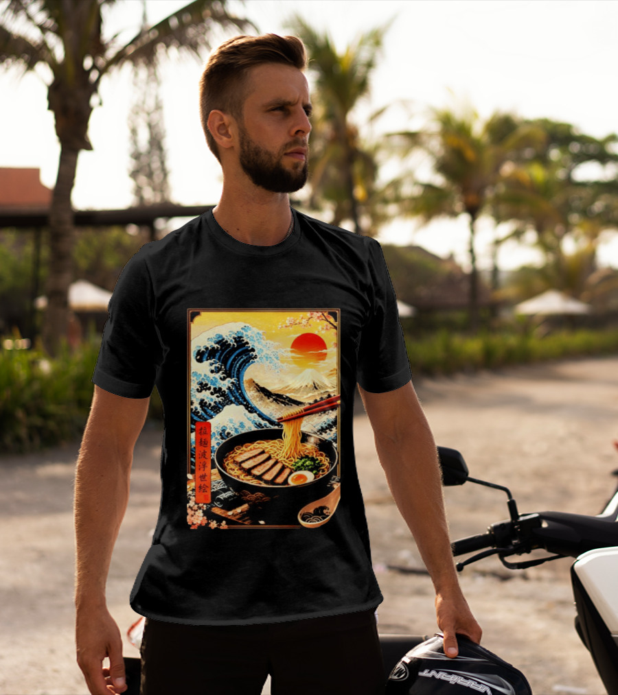 Great Wave Ramen Ukiyo E Japanese Noodles Cherry Blossoms Sun Mountain T-Shirt