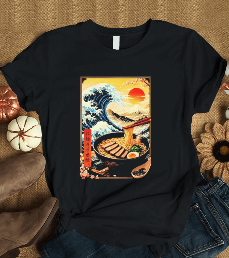 Great Wave Ramen Ukiyo E Japanese Noodles Cherry Blossoms Sun Mountain T-Shirt