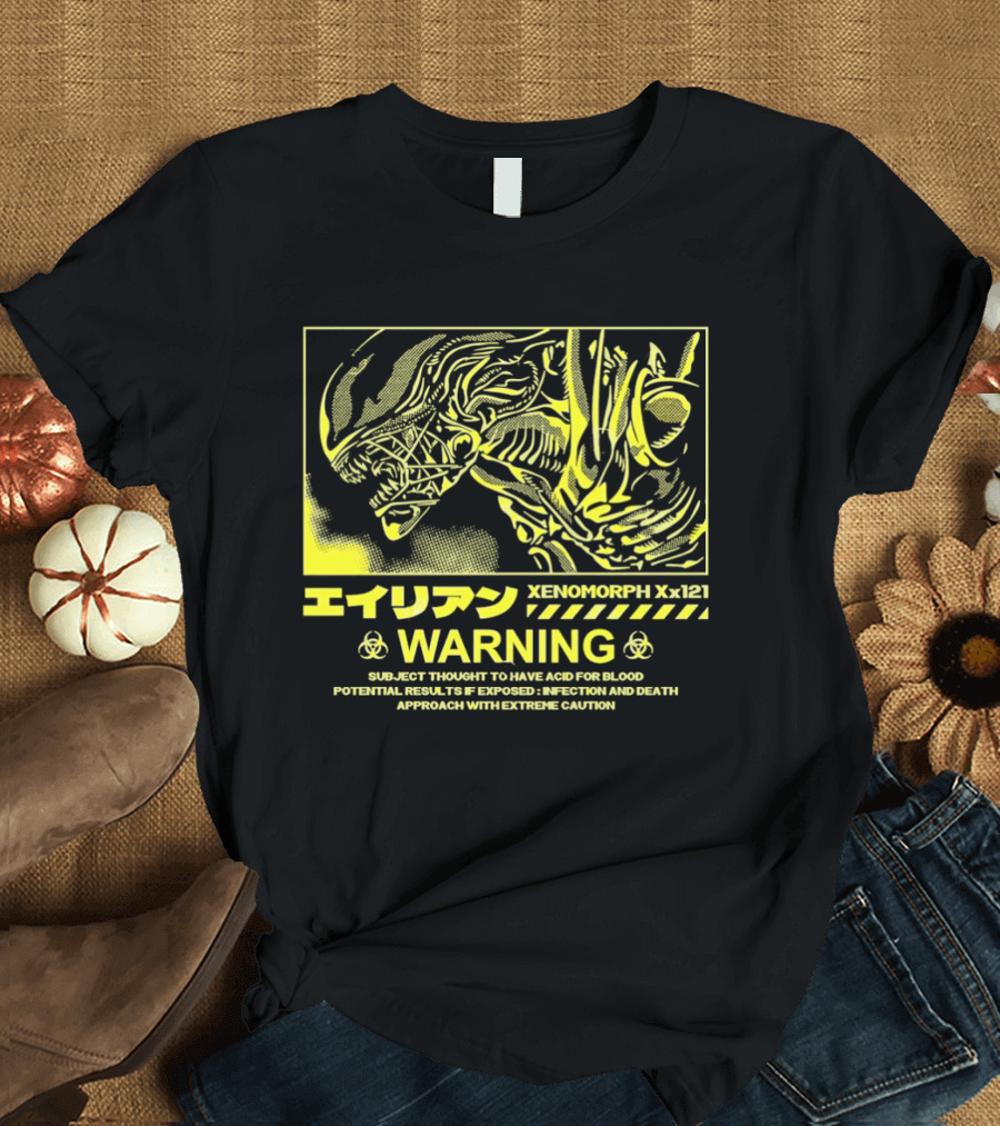 Alien Xenomorph Xx121 Acid Blood Warning Hazard Japan Text Yellow T-Shirt