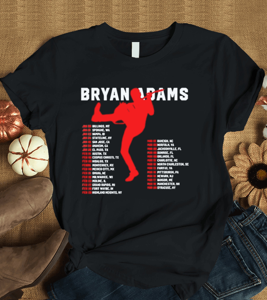 Bryan Adams Kicking Guitar With 2023 Tour Dates And Cities T-Shirt