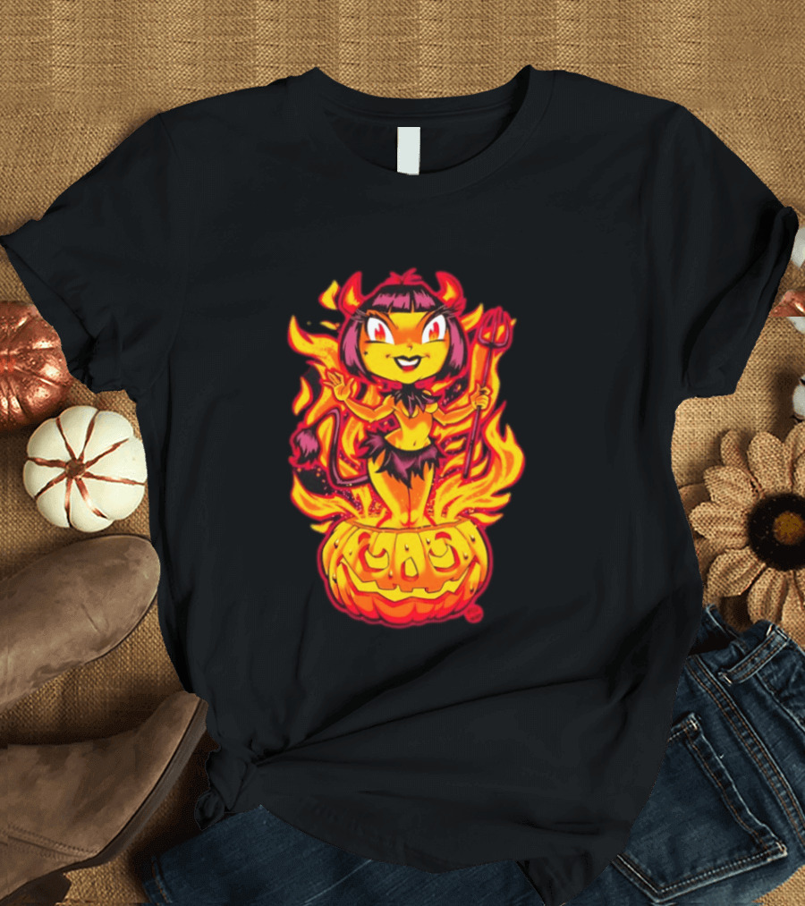 Devil Girl In Jack O' Lantern Halloween Flames With Pitchfork And Tail T-Shirt