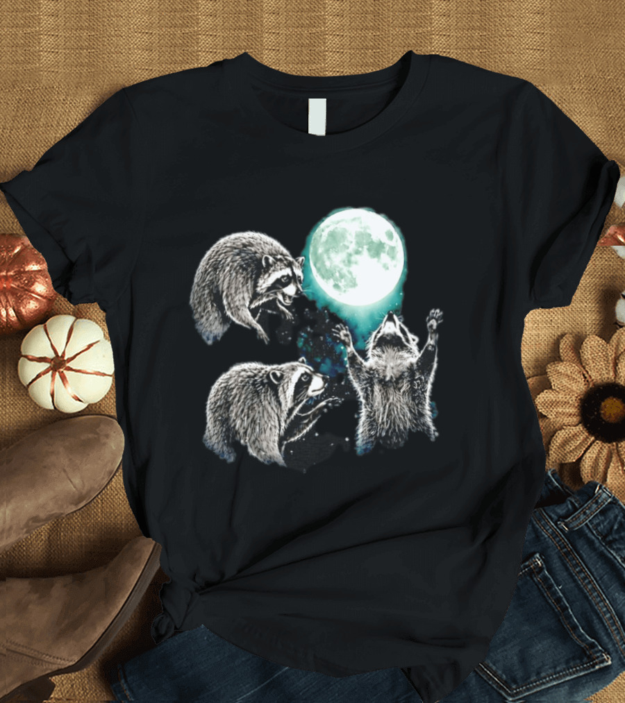 Jimothy Raccoon Moon Space Wolf Moon Trio Reaching For Full Moon T-Shirt