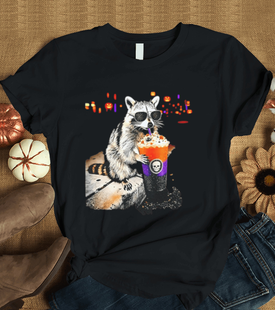 Raccoon With Sunglasses Enjoying Halloween Frappe With Skull Cup And Pumpkin T-Shirt