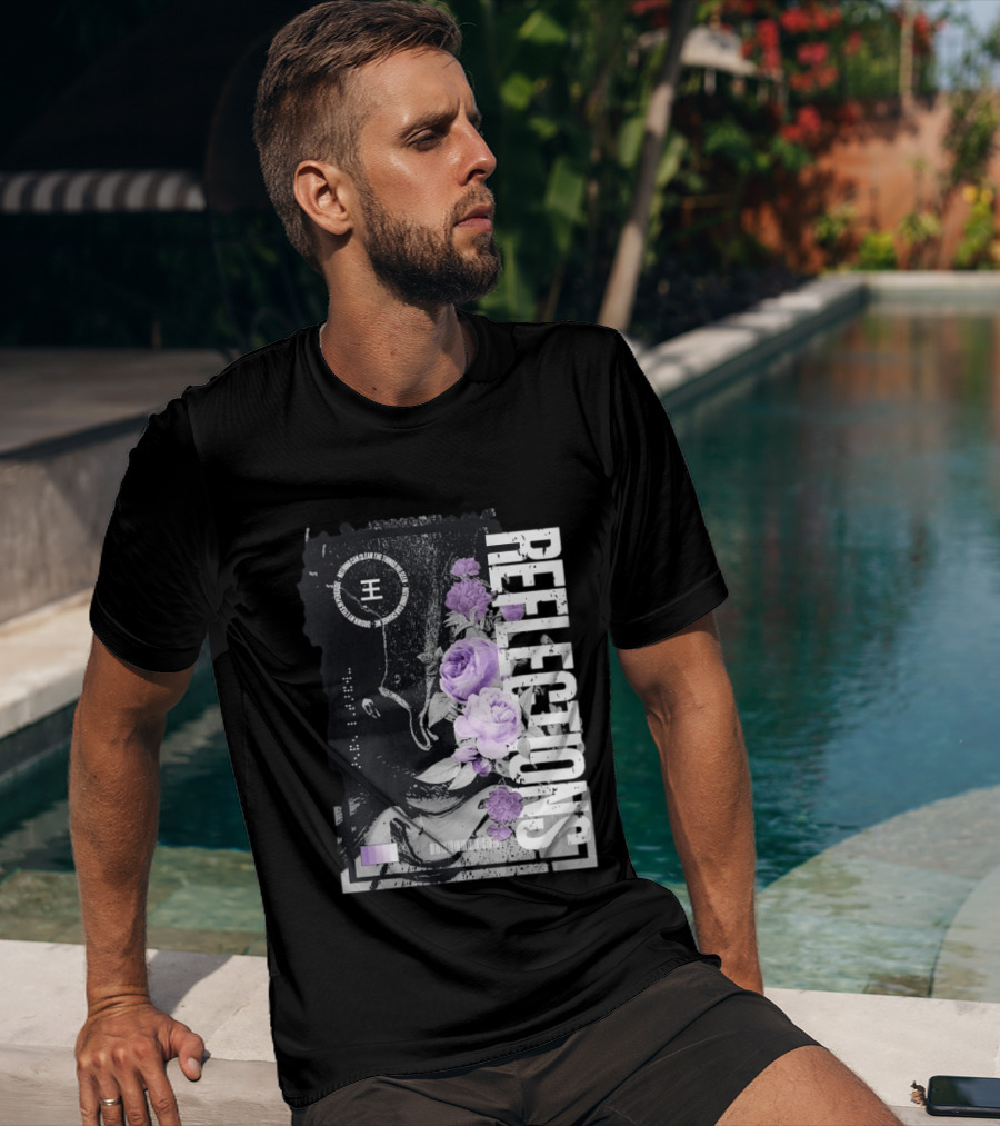 Reflections Peroxide Floral Typography With Purple Roses And Abstract Black And White T-Shirt