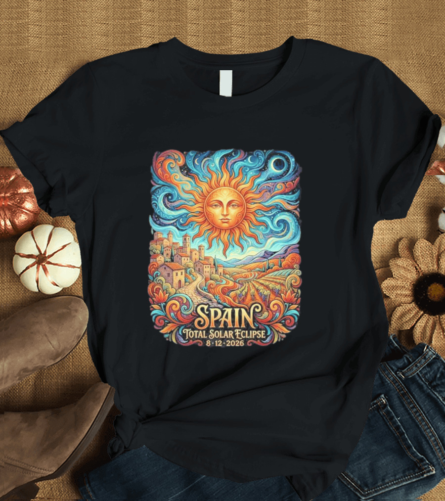 Spain Total Solar Eclipse 8 12 2026 Sun And Moon Celestial Village T-Shirt