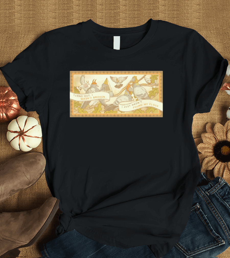 Turns Out I Wasn't Broken I Just Hadn't Found My Flock Pigeon Funny Vintage Style Banner With Autumn Leaves T-Shirt