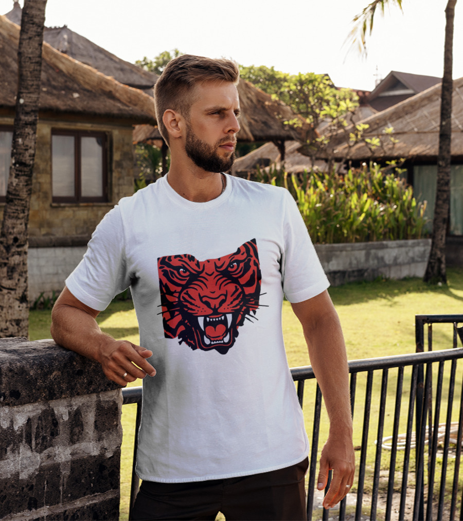 Aggressive Tiger Face Big Cat Animal Fierce Red And Black Tiger Head T-Shirt
