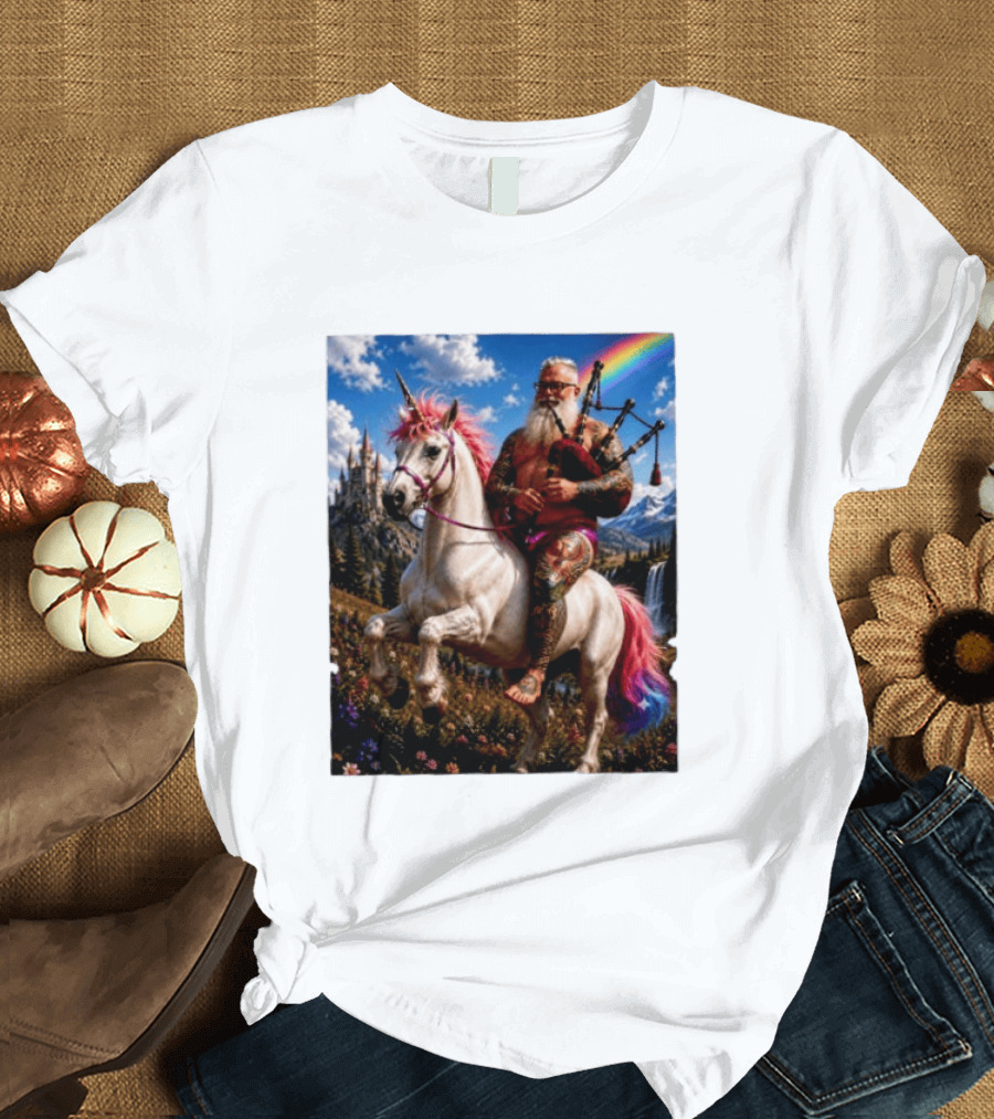 Bearded Scotsman Playing Bagpipes Riding A Rainbow Unicorn In Enchanted Castle Landscape T-Shirt