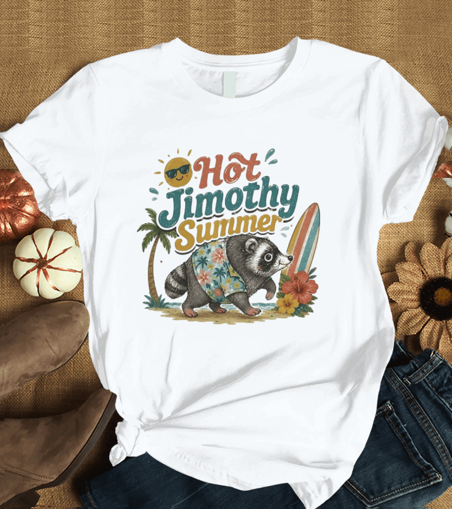 Hot Jimothy Summer Raccoon Tropical Surfing Vibes Vintage Paradise T-Shirt