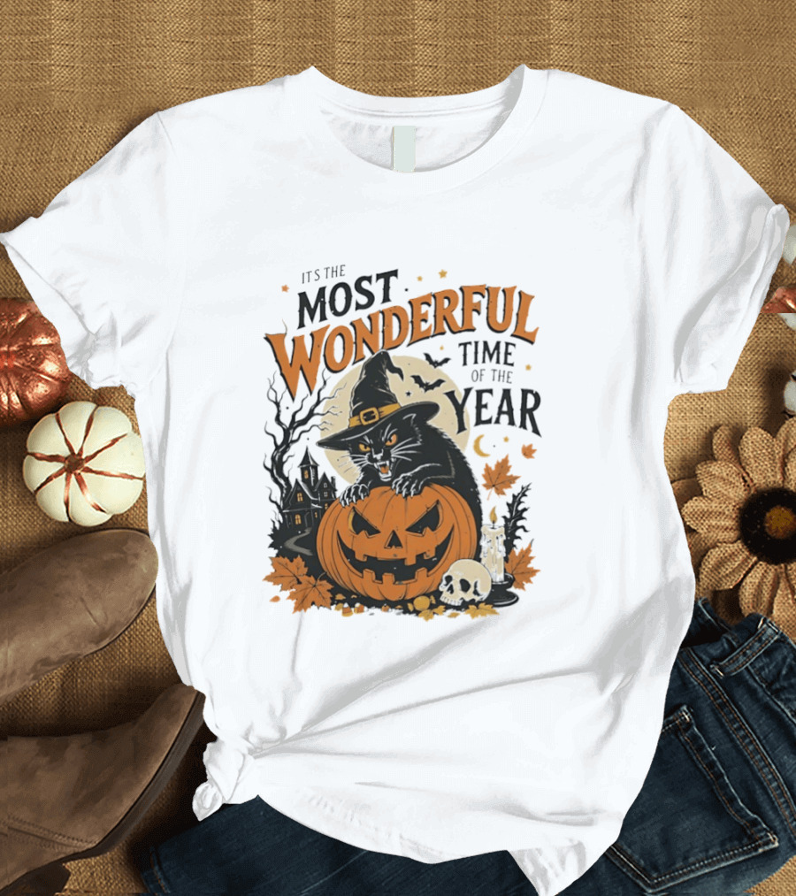 It's The Most Wonderful Time Of The Year Witch Cat And Pumpkin Halloween T-Shirt