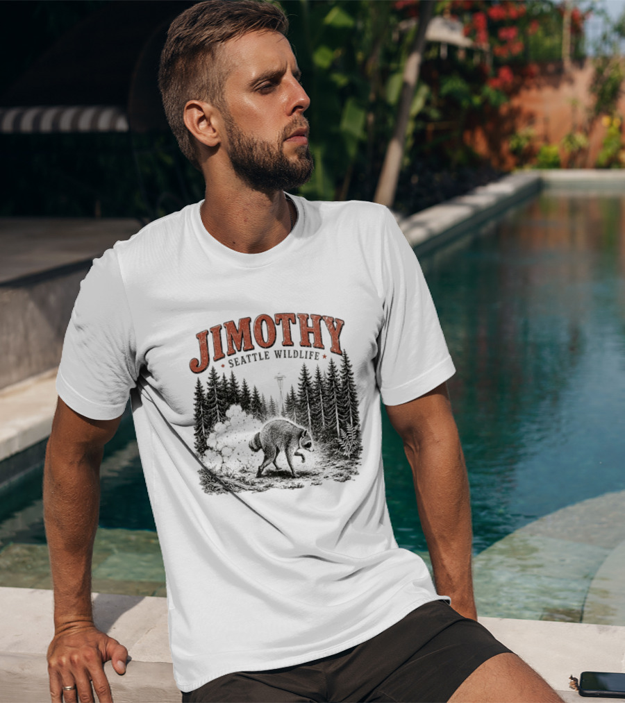 Jimothy Seattle Wildlife Raccoon With Space Needle Forest Scene T-Shirt