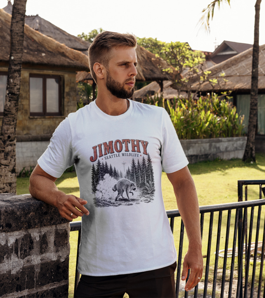 Jimothy Seattle Wildlife Raccoon With Space Needle Forest Scene T-Shirt