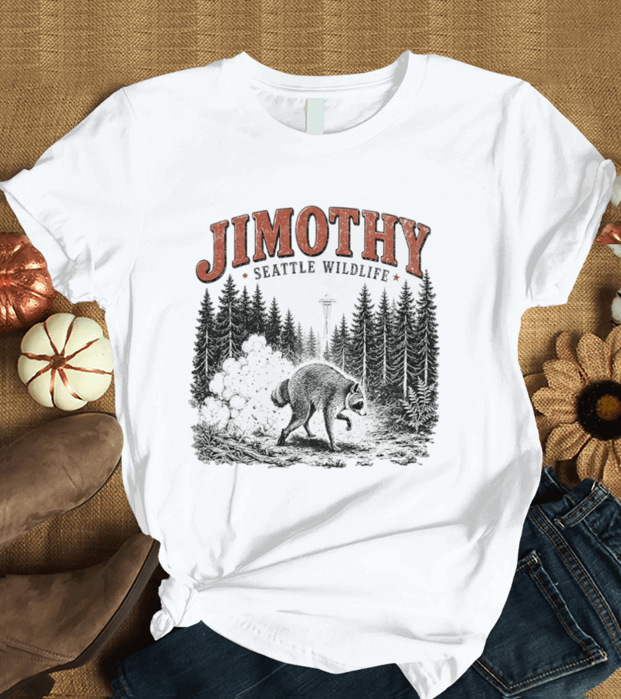 Jimothy Seattle Wildlife Raccoon With Space Needle Forest Scene T-Shirt