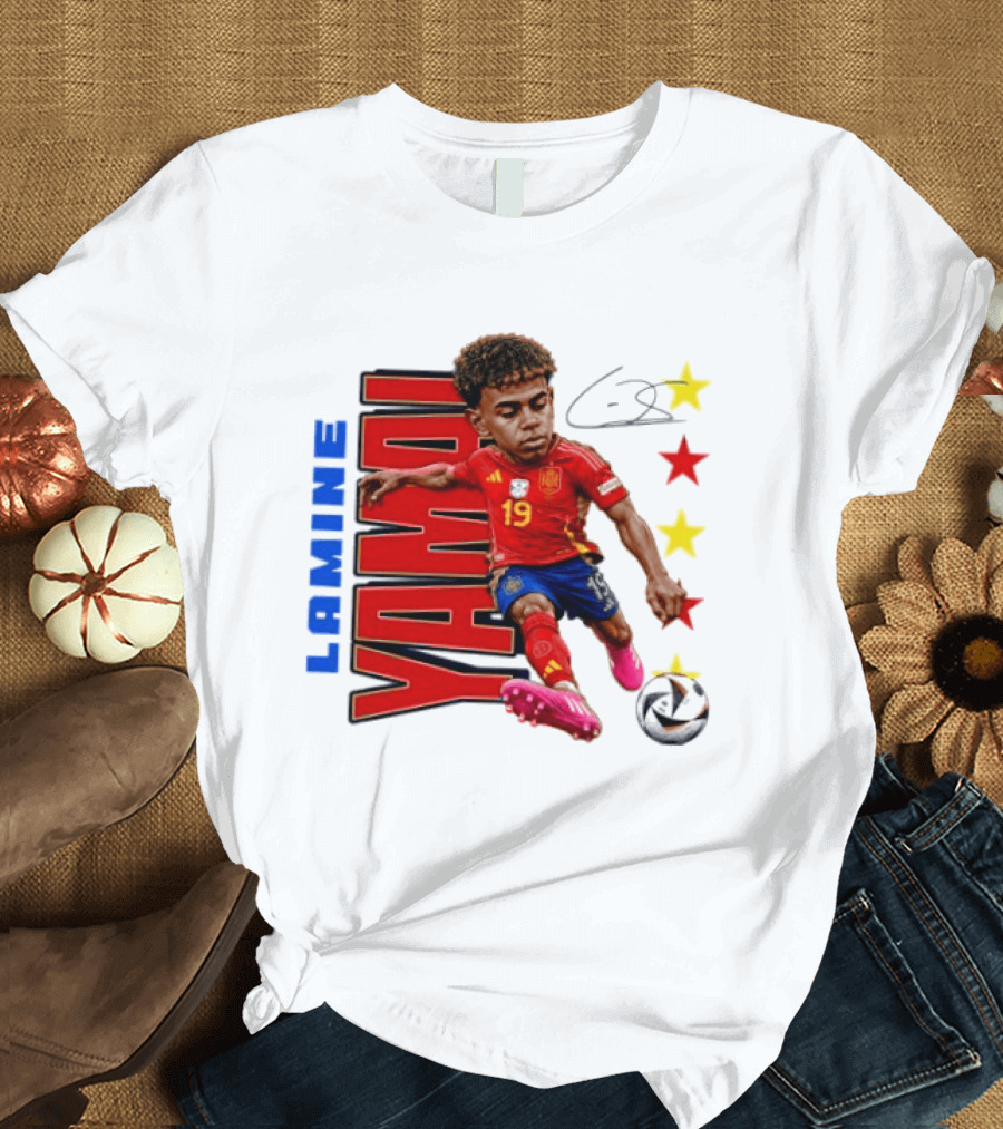 Lamine Yamal No 19 Spain National Team Soccer Star With Signature And Stars T-Shirt