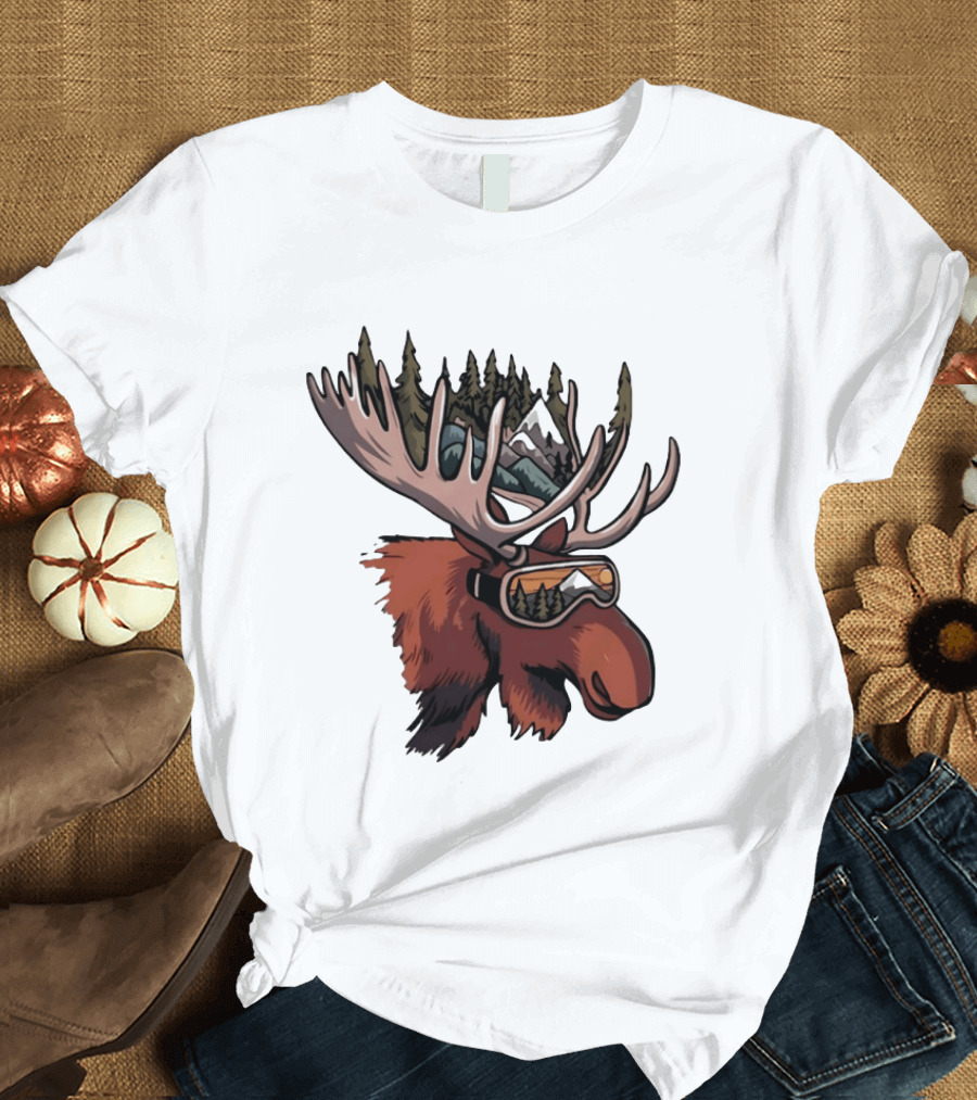 Moose With Ski Goggles And Mountain Forest Antlers Adventure Scene T-Shirt