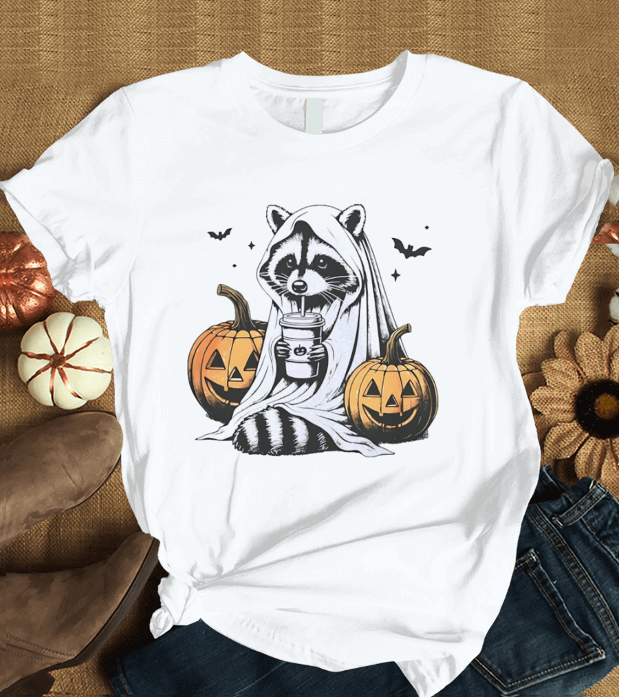 Raccoon Ghost With Iced Coffee And Jack O' Lanterns Halloween T-Shirt
